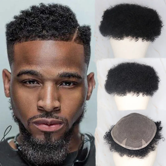 Close-up of natural curly topper for male hair loss